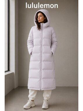 Lululemon Long Hooded Down Puffer Jacket Lavender Pink Goose Down Winter Coat 14